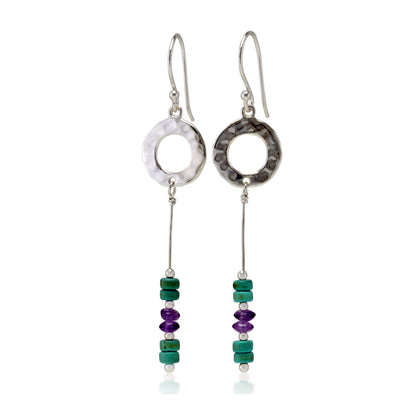 Hammered Circle Drop Earrings Turquoise & Amethyst Drop Earrings