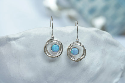 Joli Beau Sterling Silver French Hook Open Circular Opalite Drop Earrings