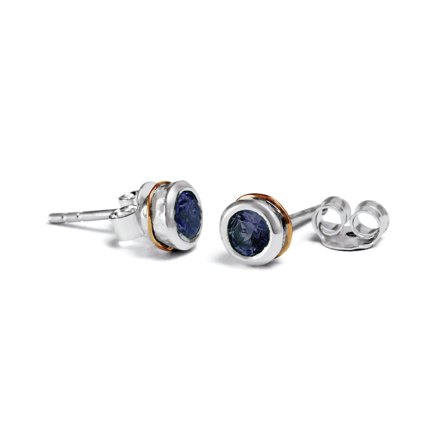 Sterling Silver Blue Sapphire Studs with 14 carat Gold Detail