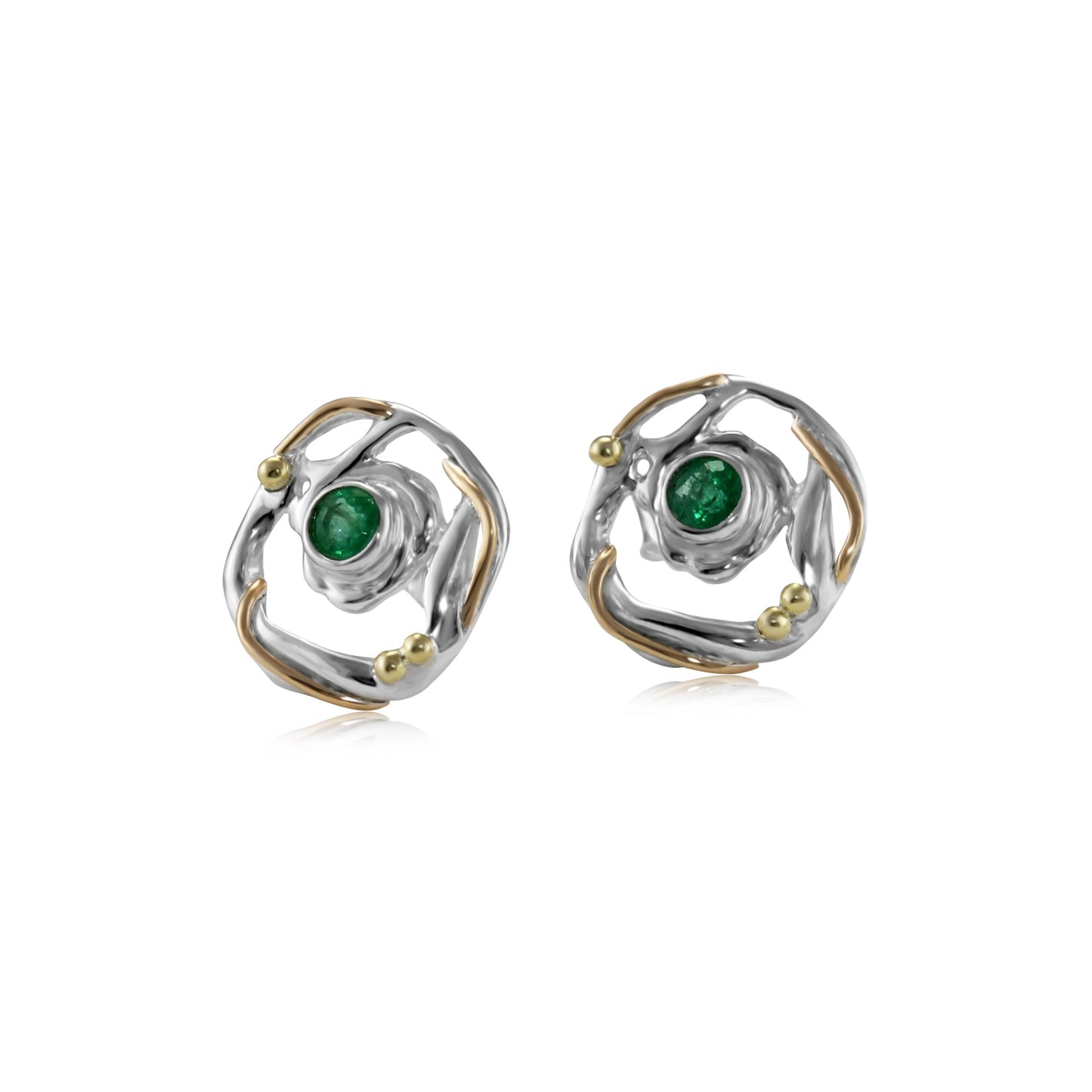 Sterling Silver Circular Mixed Metal Round Emerald Stud Earrings