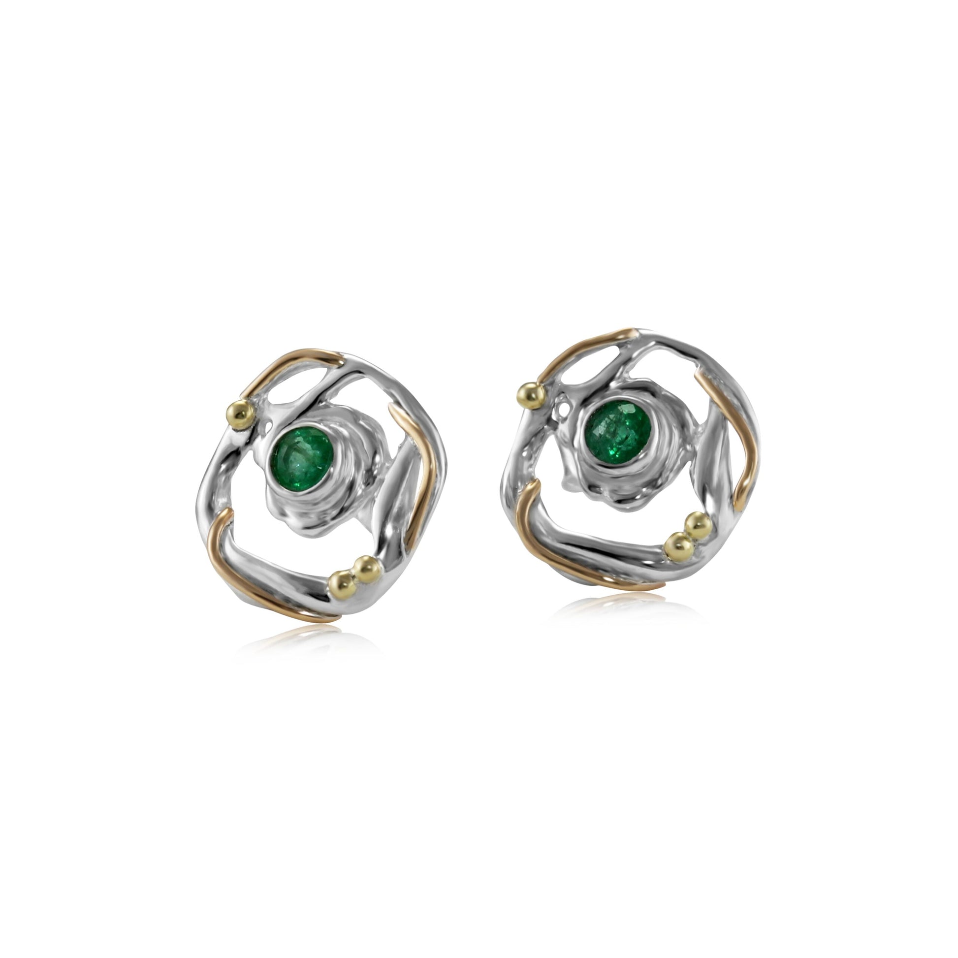 Sterling Silver Circular Mixed Metal Round Emerald Stud Earrings