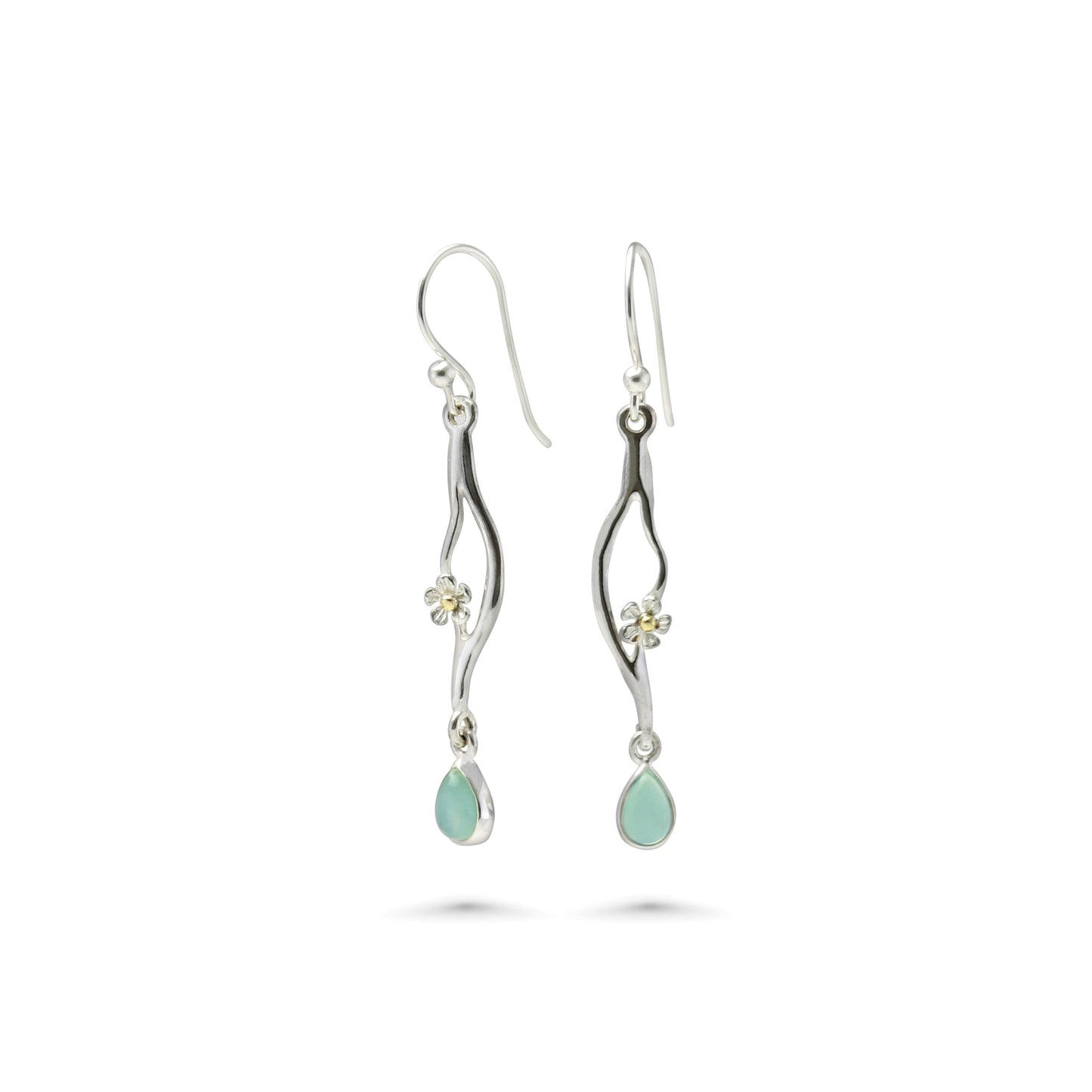 Joli Beau Sterling Silver Flower & Aqua Chalcedony Long Drop Earrings