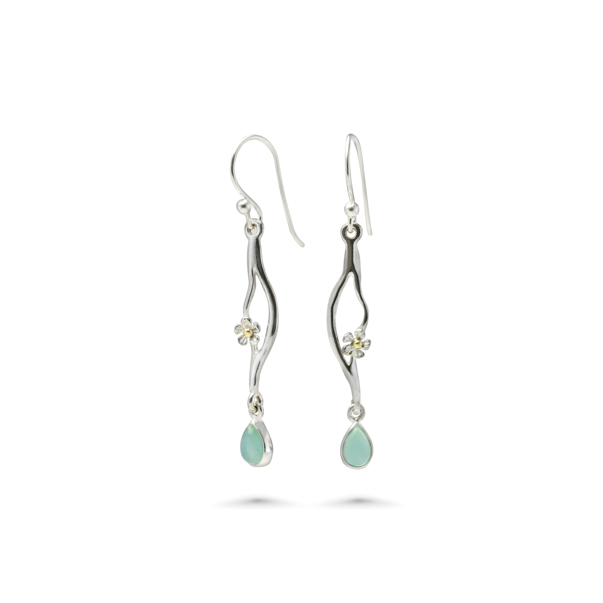 Joli Beau Sterling Silver Flower & Aqua Chalcedony Long Drop Earrings