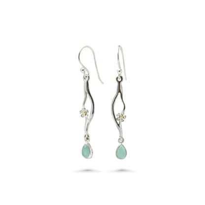 Joli Beau Sterling Silver Flower & Aqua Chalcedony Long Drop Earrings