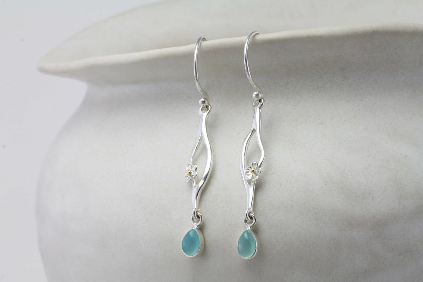Joli Beau Sterling Silver Flower & Aqua Chalcedony Long Drop Earrings