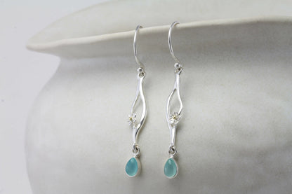 Joli Beau Sterling Silver Flower & Aqua Chalcedony Long Drop Earrings