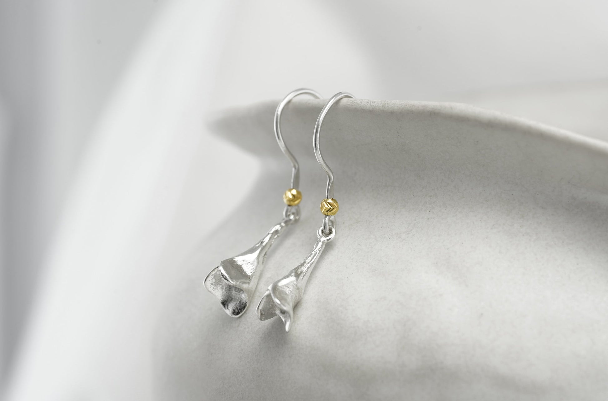 Silver earrings with gold accents on a white background