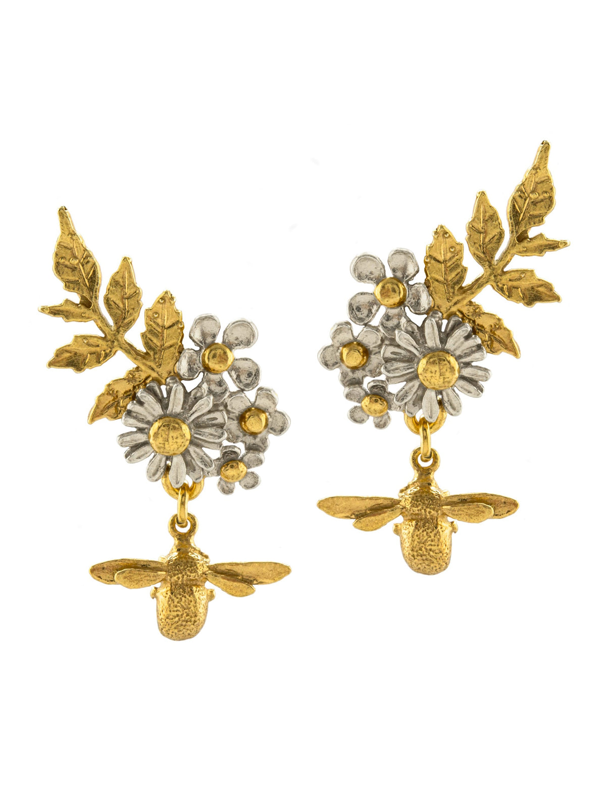 Alex Monroe Mix Of Sterling Silver & 22ct Gold Vermeil Posy Bloom Drop Bee Earrings 🇬🇧