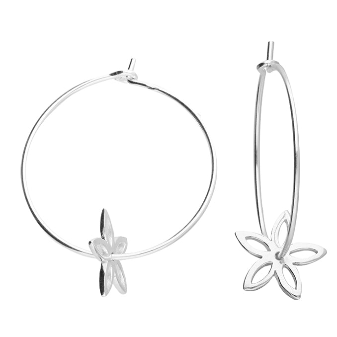 Medium-Sized Sterling Silver Simple Flower Charm Hoop Earrings