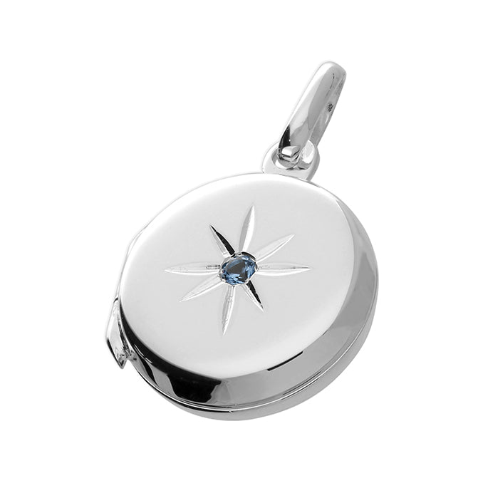 Sterling Silver Round Locket With A Blue Zirconia Set Stone