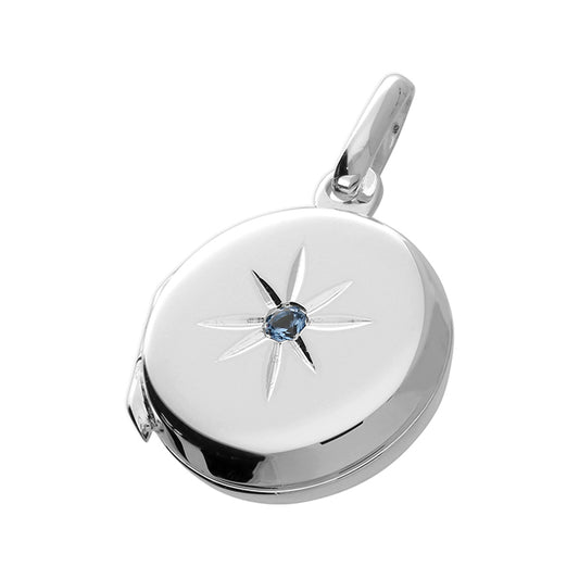 Sterling Silver Round Locket With A Blue Zirconia Set Stone