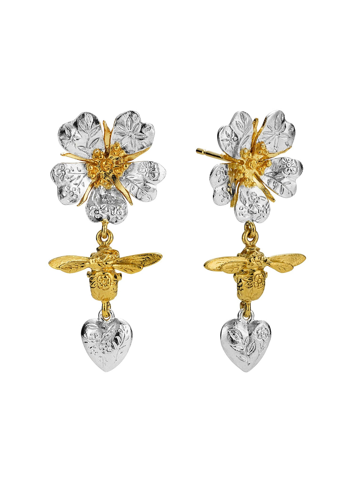 Alex Monroe Mixed 22ct Yellow Gold & Silver Floral Engraved Wild Rose, Bee & Heart Drop Earrings 🇬🇧