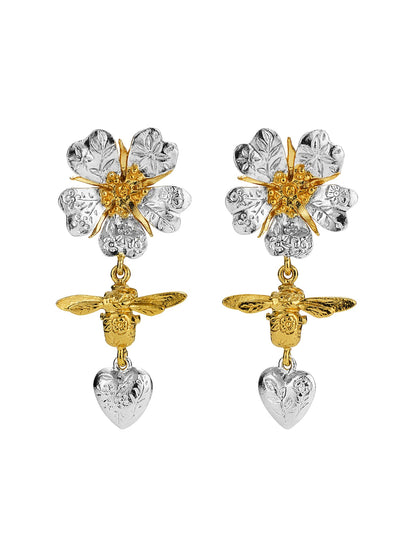 Alex Monroe Mixed 22ct Yellow Gold & Silver Floral Engraved Wild Rose, Bee & Heart Drop Earrings 🇬🇧