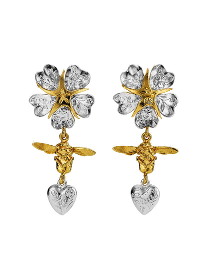 Alex Monroe Mixed 22ct Yellow Gold & Silver Floral Engraved Wild Rose, Bee & Heart Drop Earrings 🇬🇧