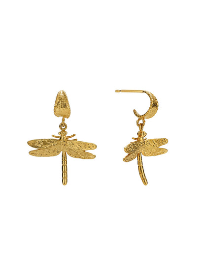Alex Monroe 22ct Yellow Gold Vermeil Silver Basket Weave Floral Engraved Dragonfly Hoop Earrings 🇬🇧