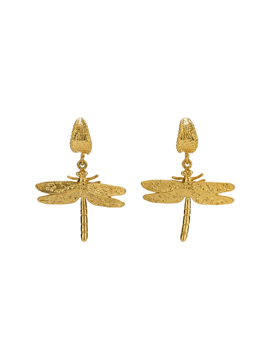 Alex Monroe 22ct Yellow Gold Vermeil Silver Basket Weave Floral Engraved Dragonfly Hoop Earrings 🇬🇧