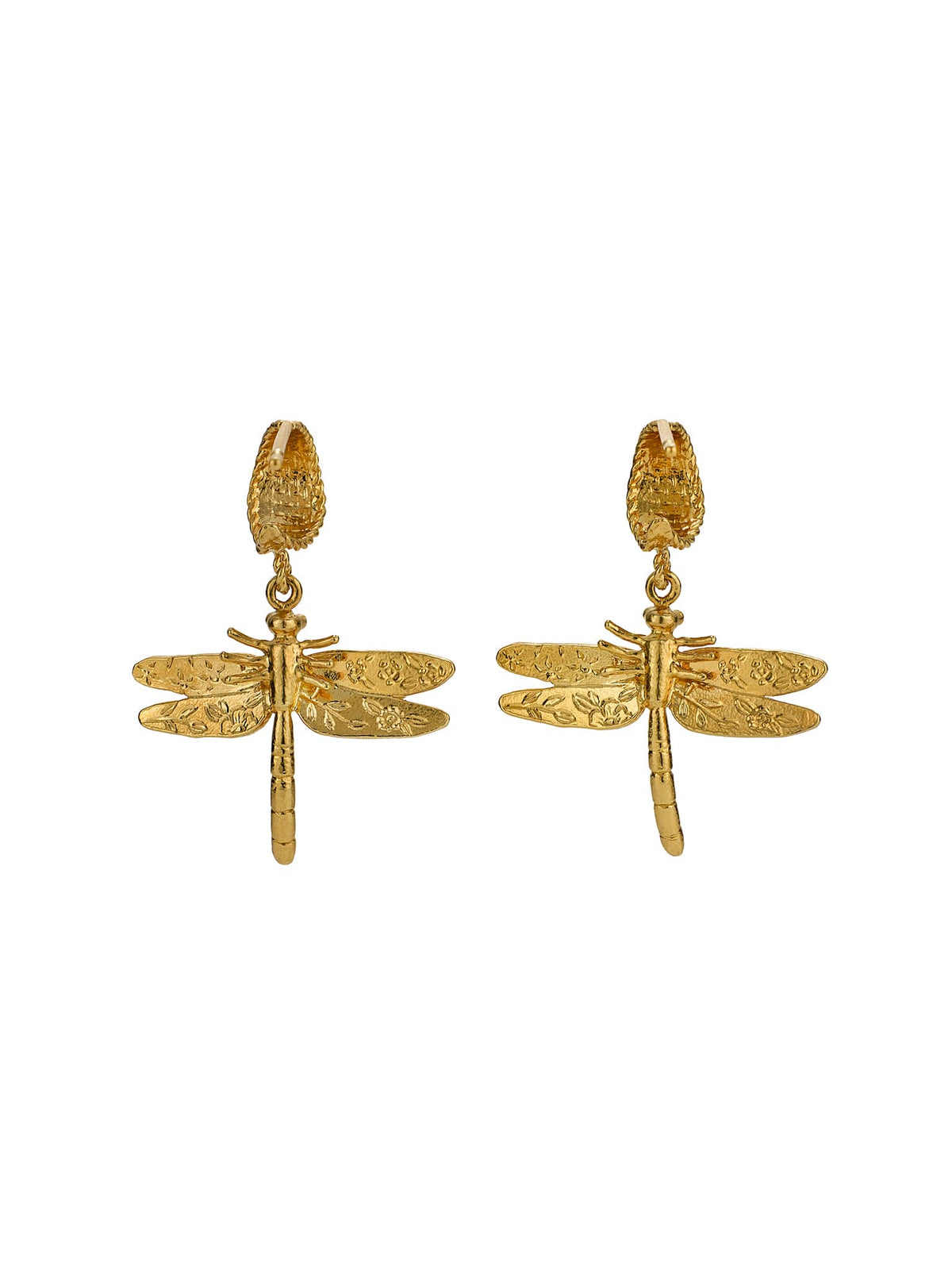 Alex Monroe 22ct Yellow Gold Vermeil Silver Basket Weave Floral Engraved Dragonfly Hoop Earrings 🇬🇧