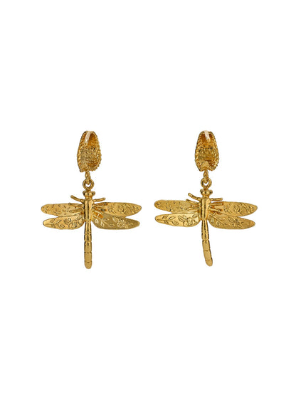 Alex Monroe 22ct Yellow Gold Vermeil Silver Basket Weave Floral Engraved Dragonfly Hoop Earrings 🇬🇧