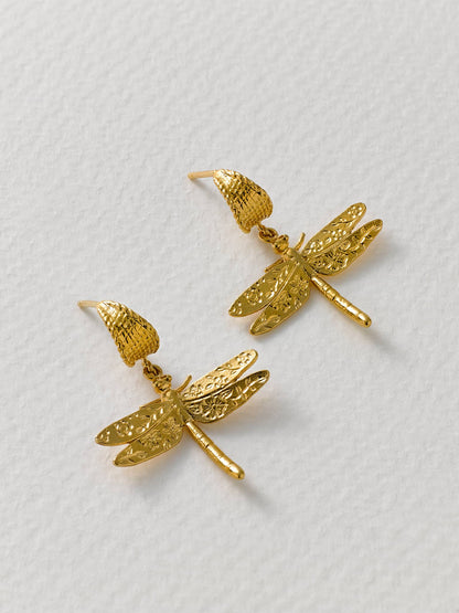 Alex Monroe 22ct Yellow Gold Vermeil Silver Basket Weave Floral Engraved Dragonfly Hoop Earrings 🇬🇧