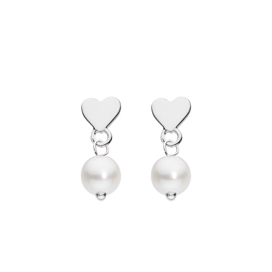 Joli Beau Sterling Silver White Round Pearl Heart Drop Post Earrings