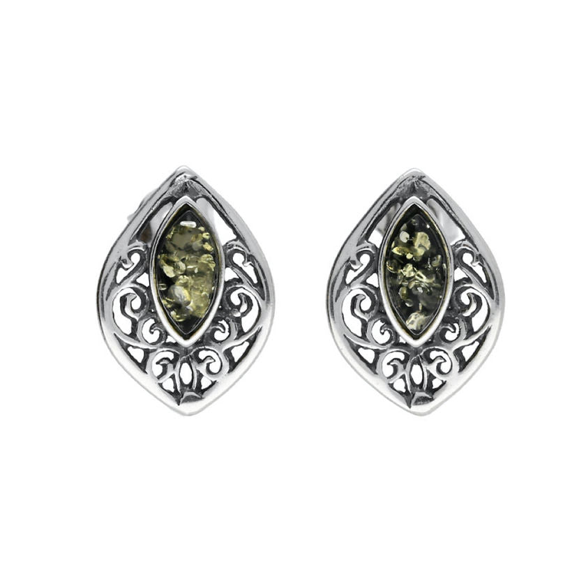 Marquis Shaped Green amber Filigree detail Sterling SILVER