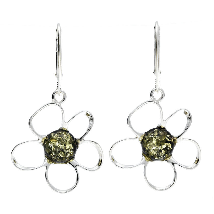 Sterling SILVER Large Flower Green Amber Drop Earrings