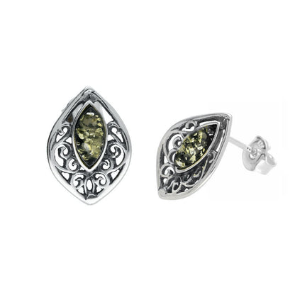 Joli Beau Sterling SIlver Baltic Green Amber Marquise Shaped Filigree Stud Earrings