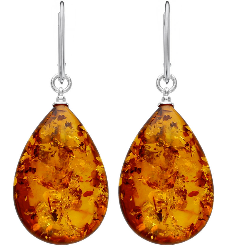 Sterling Silver cognac Baltic Amber Statement Pear Shape Drop Earrings