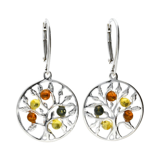 Amber Tree of Life Drop Earrings Sterling Silver