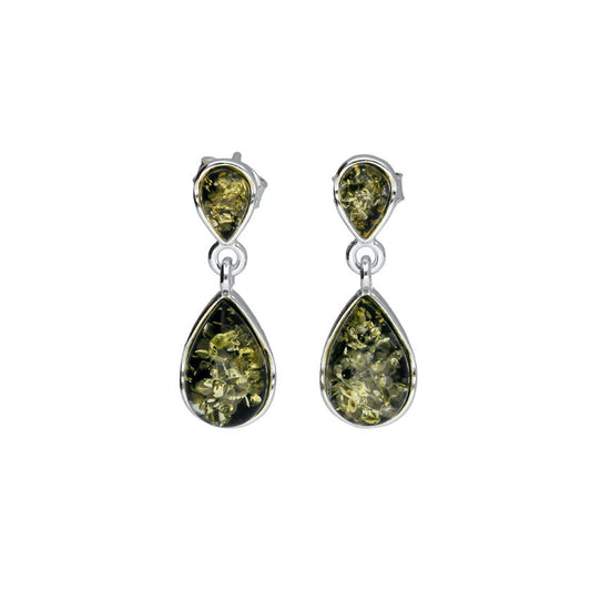 Sterling silver Baltic Green Amber dainty  Pear Shape Drop Earrings