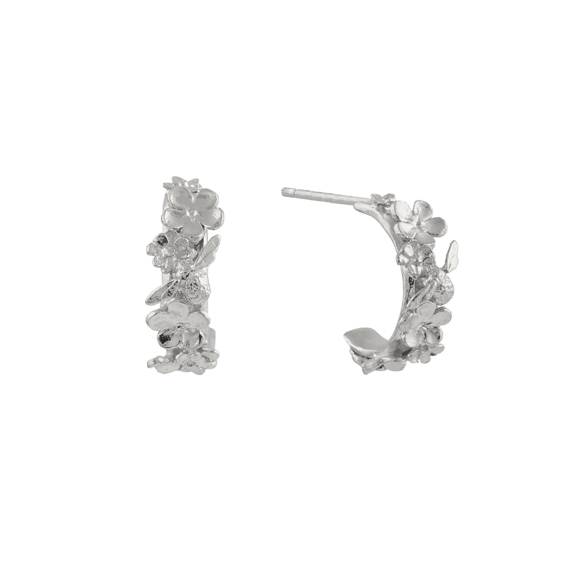 Alex Monroe Sterling Silver Floral Huggie Hoops with Itsy Bitsy Bee