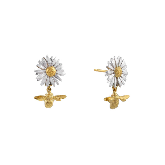 Alex Monroe Silver Daisy Stud Earrings with Teeny Tiny Bee Drops & Gold Vermeil