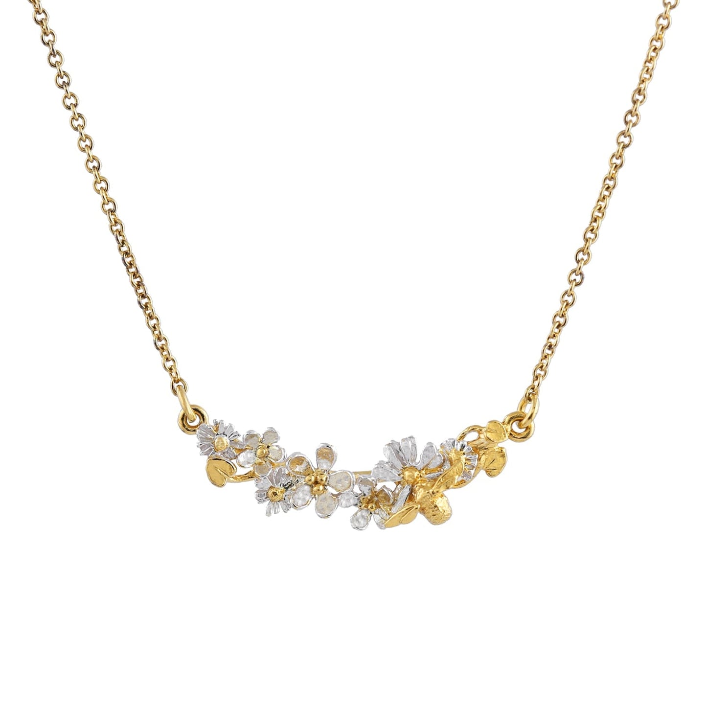 Alex Monroe Sterling Silver Mixed 22ct Gold Vermeil In-Line Garden Gathering Necklace with Itsy Bitsy Bee