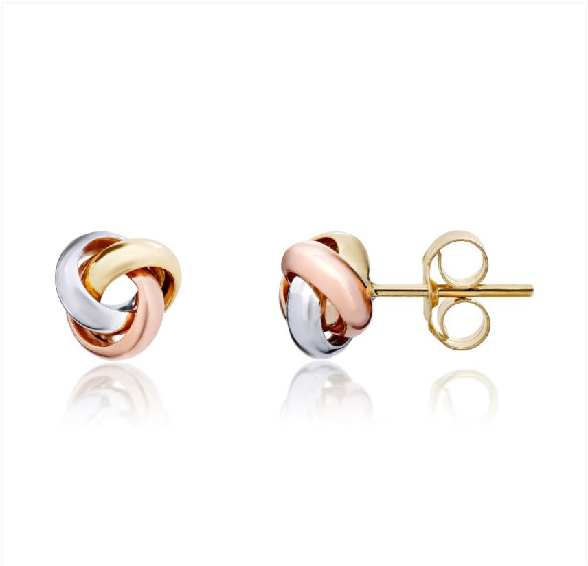 Pair of gold and rose gold knot earrings on a white background