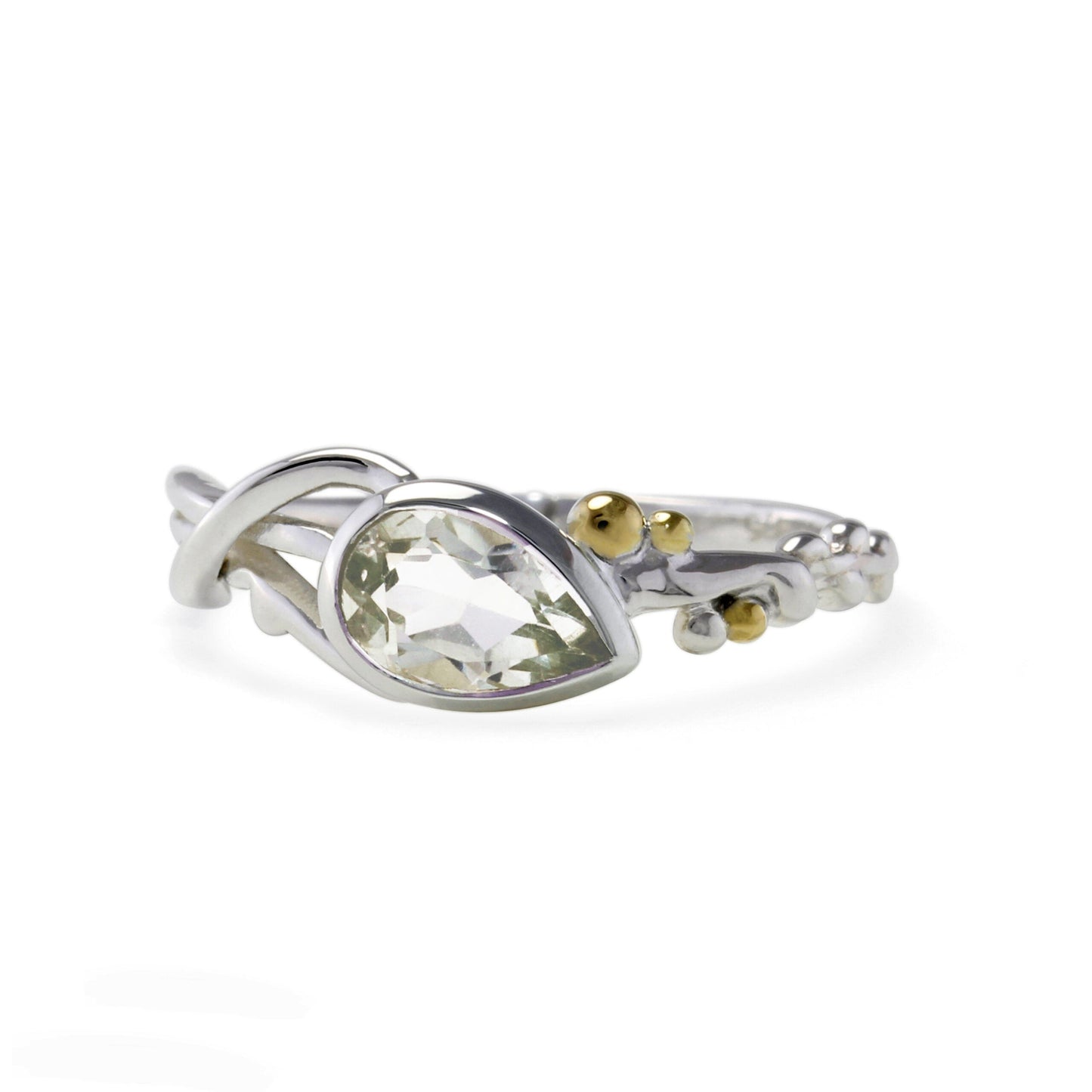 Peart shape green amethyst stone set in Sterling Silver with gold detail on tiny balls next to the stone
