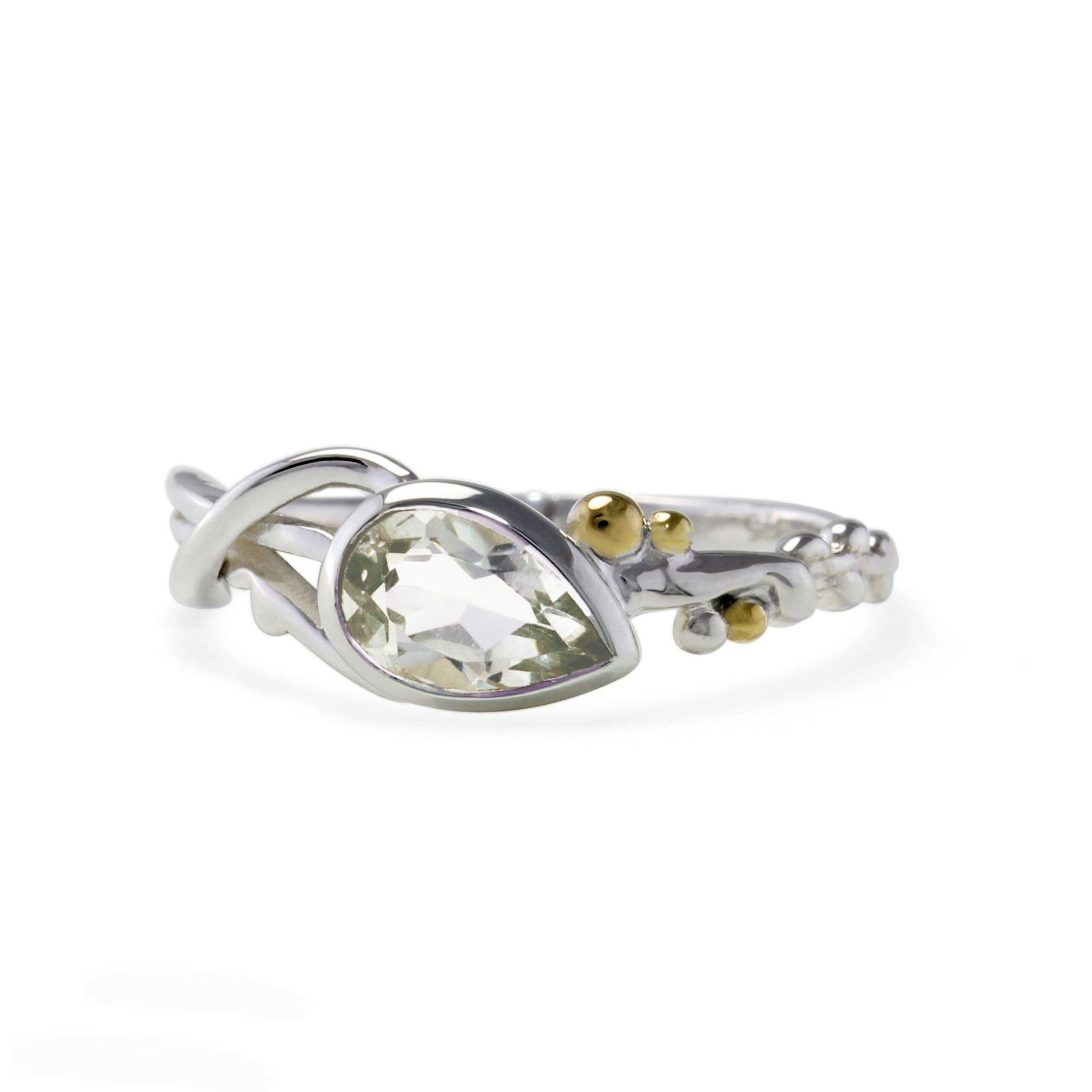 Peart shape green amethyst stone set in Sterling Silver with gold detail on tiny balls next to the stone