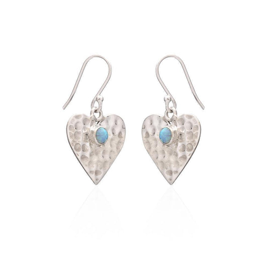 Sterling Silver Hammered Opalite Drop Heart Earrings
