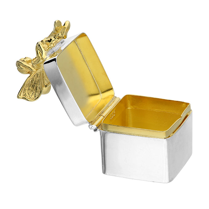 Sterling Silver Sitting Fairy On A Gift Box open to show the gold interior
