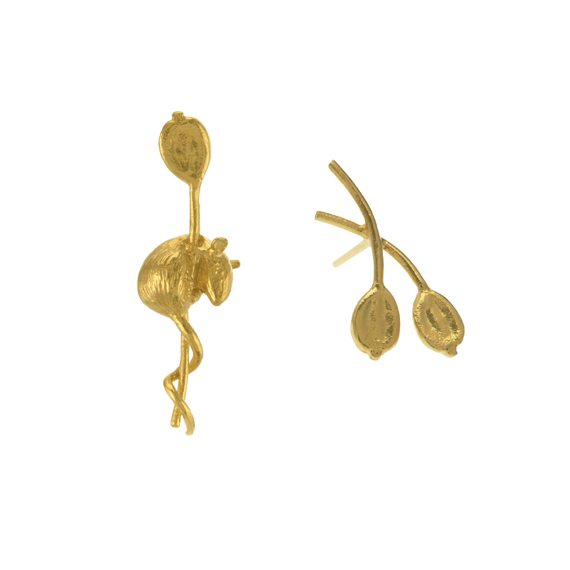 Alex Monroe 22 carat Yellow Gold Vermeil Asymmetric Harvest Mouse & Angelica Stud Earrings