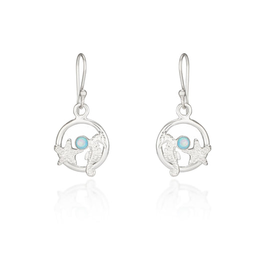 Sterling Silver Seahorse & starfish hook drop earrings