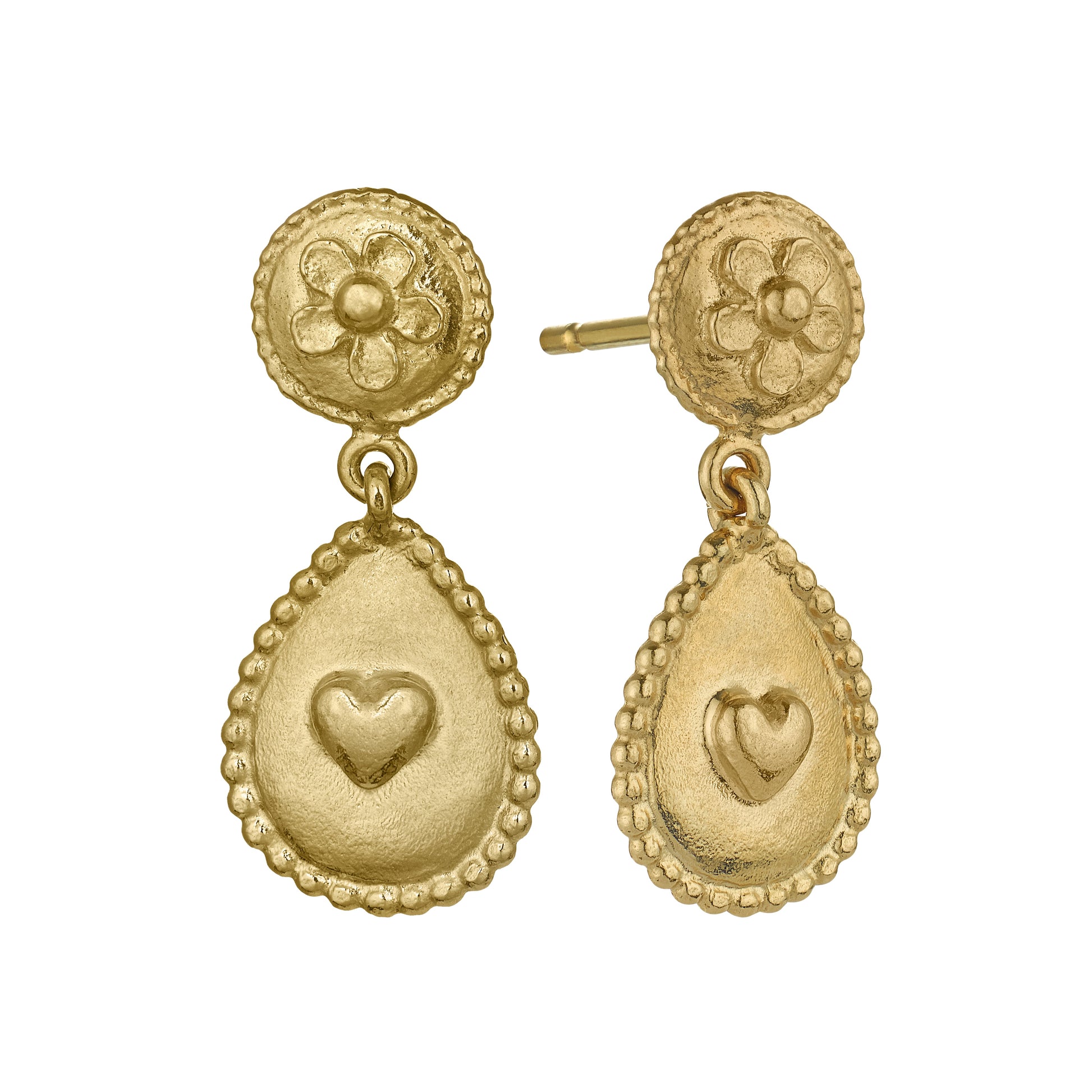 Alex Monroe Silver & Gold Vermeil Love of Nature Heart & Flower Drop Earrings