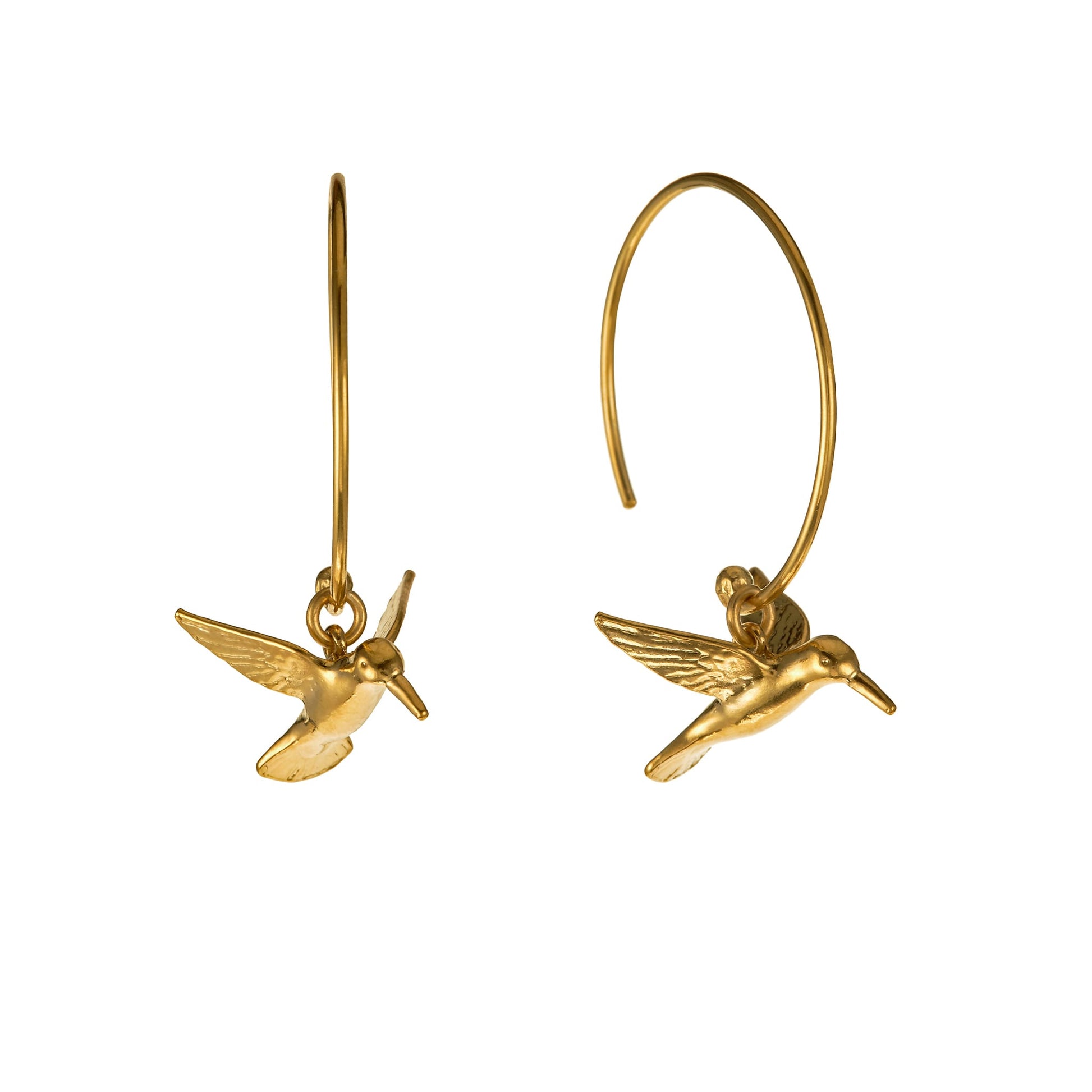 Gold hummingbird earrings on a white background